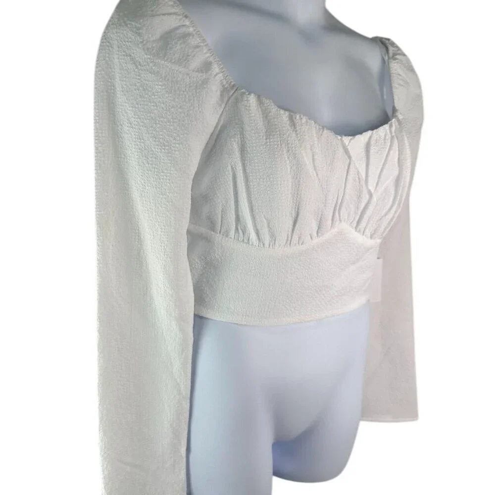 ASTR The Label Long Sleeve Sweetheart Neck White Smocked Crop Top XL NWT